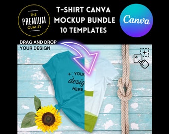 Könnte beinhalten: Ein Mockup eines türkisfarbenen T-Shirts mit dem Text "YOUR design HERE" auf einem hellblauen Holzgrund. Das T-Shirt ist gefaltet und hat einen Knoten vorne. Eine Sonnenblume befindet sich in der linken unteren Ecke des Bildes. Der Text "T-SHIRT CANVA MOCKUP BUNDLE 10 TEMPLATES" befindet sich oben im Bild.