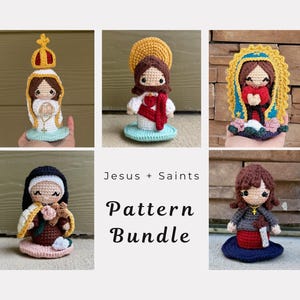 May include: A collection of six crocheted Jesus and Saints figures. The figures are in various colors and designs, with details like halos, crowns, and religious symbols. The text "Jesus + Saints Pattern Bundle" is also visible.