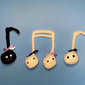 Può includere: Tre figure di note musicali all'uncinetto con volti sorridenti e piccoli fiocchi. Una croma nera con un fiocco rosa, una doppia croma bianca con due fiocchi rosa e una croma bianca con un fiocco nero, tutte dotate di occhi a perla neri.