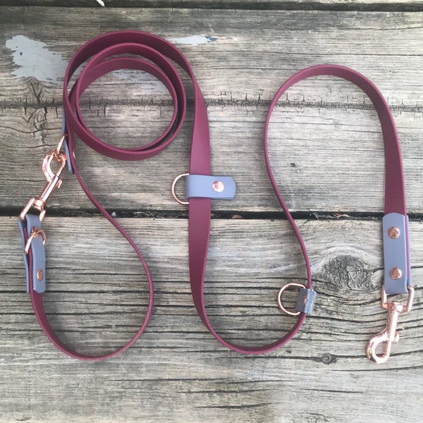 Slip & Clip Hands Free 5 Way Dog Leash with Chrome, Rose Gold, Black, Rainbow, Brass Snap, 1/2" OR 3/4" Biothane, Custom Colours and Snaps