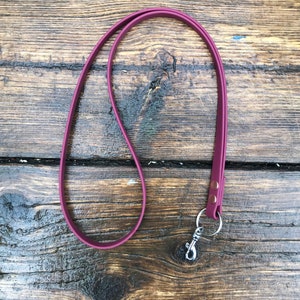 Op de afbeelding: Een bordeauxrode leren hondenriem met een zilveren clip.