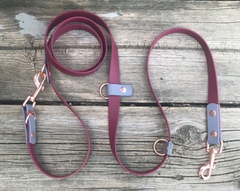 Slip & Clip Hands Free 5 Way Dog Leash with Chrome, Rose Gold, Black, Rainbow, Brass Snap, 1/2" OR 3/4" Biothane, Custom Colours and Snaps