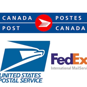May include: Logos for Canada Post, United States Postal Service, and FedEx International Mail Service. The Canada Post logo is blue and red with the text "CANADA POST" and "POSTES CANADA". The United States Postal Service logo is blue with a white eagle and the text "UNITED STATES POSTAL SERVICE". The FedEx logo is purple and orange with the text "FedEx" and "International Mail Service".