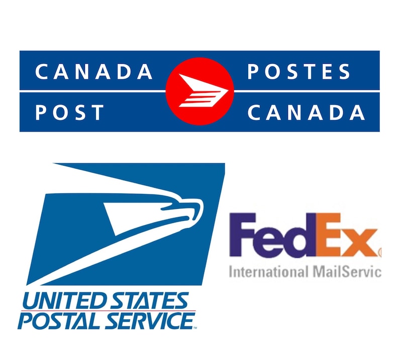 May include: Logos for Canada Post, United States Postal Service, and FedEx International Mail Service. The Canada Post logo is blue and red with the text "CANADA POST" and "POSTES CANADA". The United States Postal Service logo is blue with a white eagle and the text "UNITED STATES POSTAL SERVICE". The FedEx logo is purple and orange with the text "FedEx" and "International Mail Service".