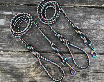 Paracord Pet Leash with Rainbow, Black, Brass, Rose Gold, Nickel, Carabiner Hardware