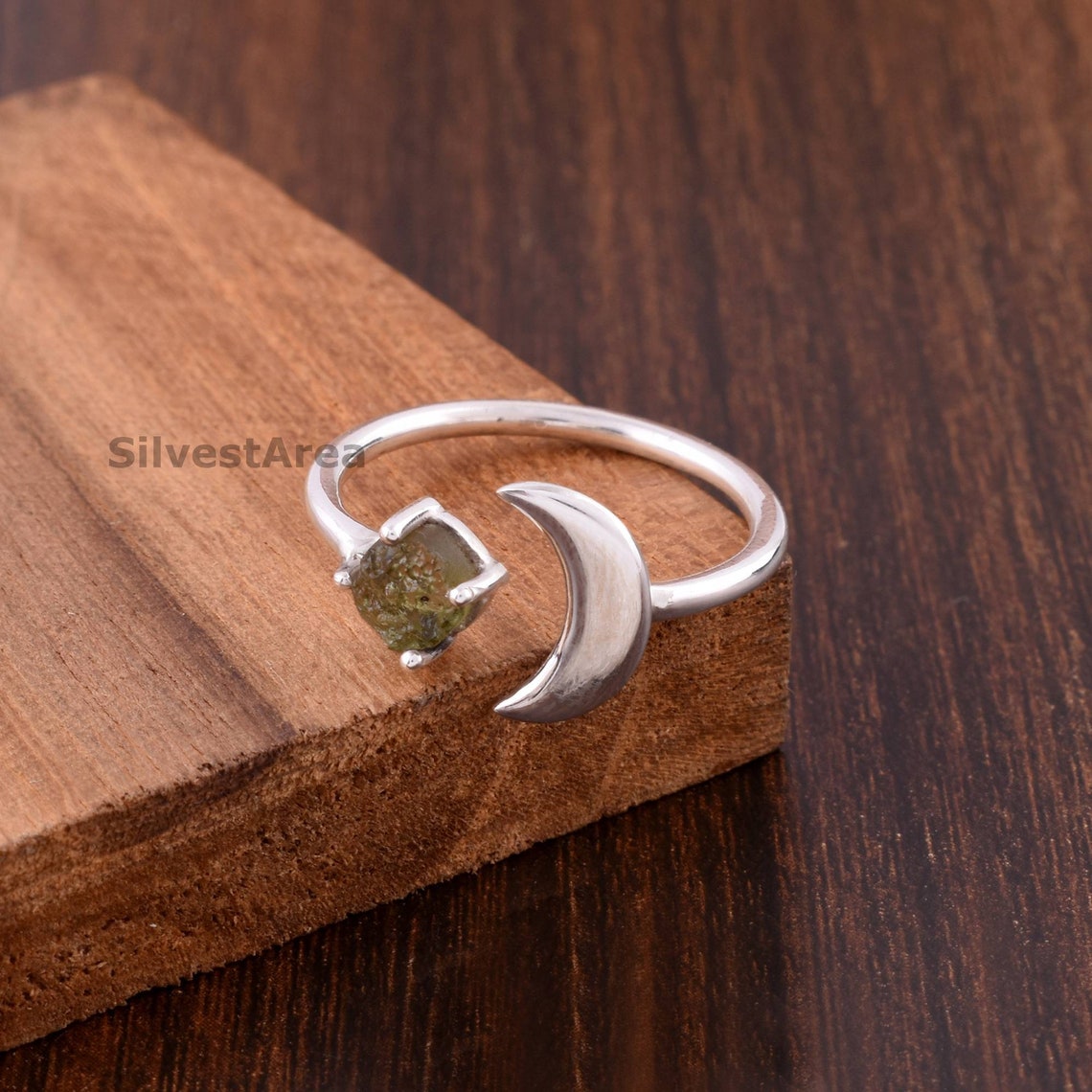 Genuine Rough Moldavite Crescent Ring 925 Sterling Silver Raw Etsy