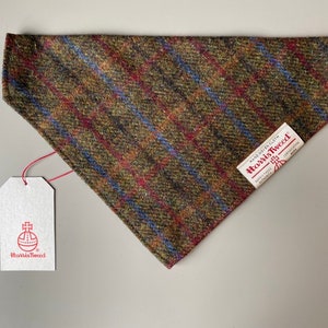 Harris Tweed dog bandana neckerchief in hunting green, red & blue check tartan plaid pattern. Sizes S M L XL pet scarf