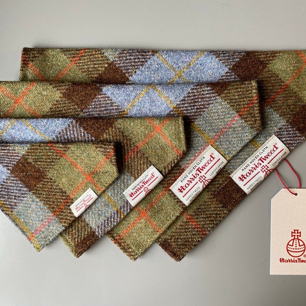 Harris Tweed dog bandana neckerchief in McLeod tartan green, blue & brown check tartan or plaid pattern. Sizes S, M, L + XL pet scarf