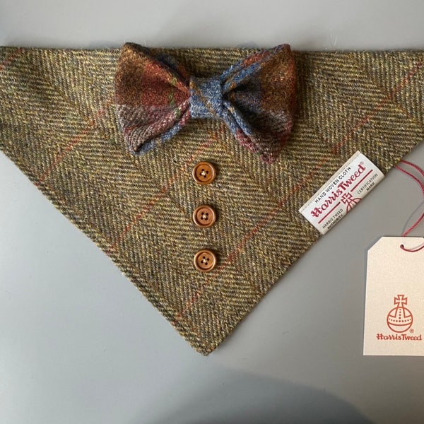 Harris Tweed wedding tux dog bandana neckerchief & bow green herringbone Sizes S M L XL pet scarf