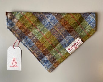 Harris Tweed dog bandana neckerchief in green, blue & brown check tartan or plaid pattern. Sizes S, M, L + XL pet scarf