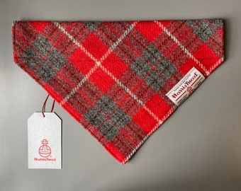 Harris Tweed dog Bandana neckerchief in red and grey check tartan pattern. Sizes S M L XL pet scarf