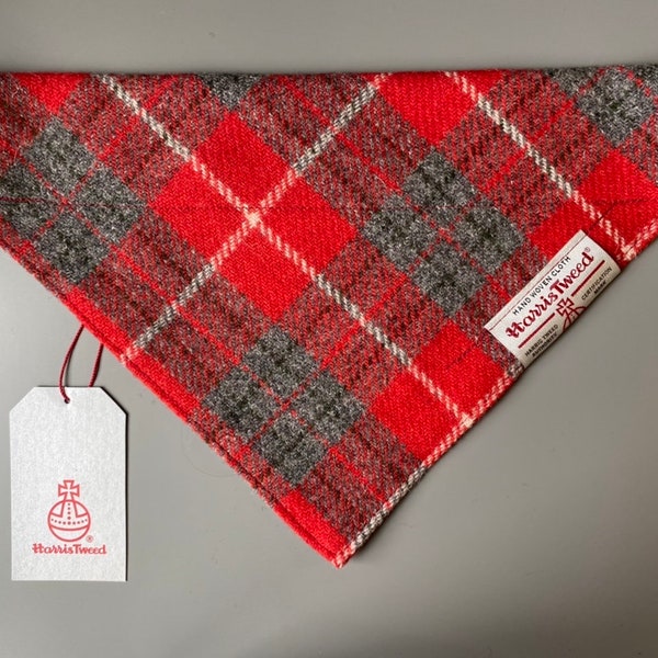 Foulard bandana pour chien Harris Tweed à motif tartan à carreaux rouges et gris. Tailles S M L XL Écharpe pour animaux de compagnie