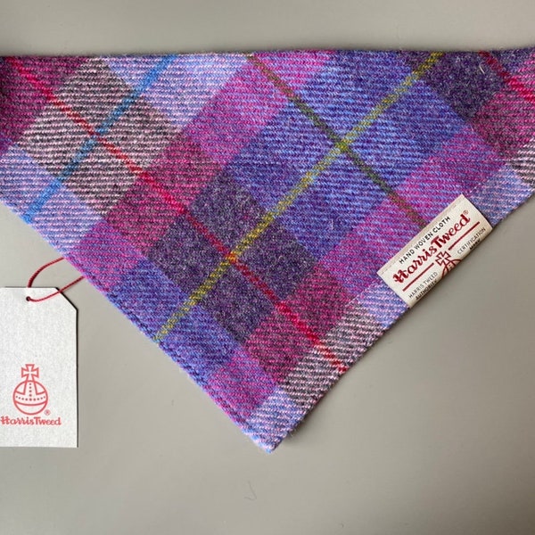 Harris Tweed dog bandana neckerchief in a pink purple and blue check, tartan pattern. Sizes S M L XL pet scarf