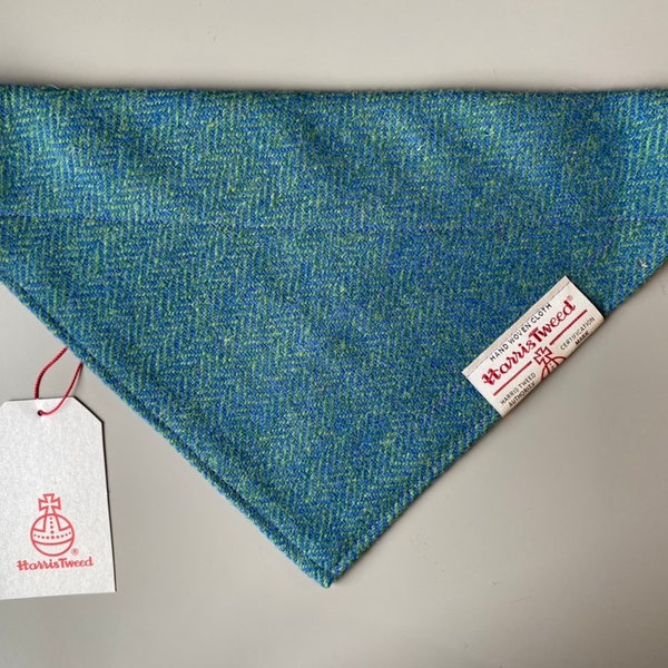 Harris Tweed dog bandana neckerchief in green and blue herringbone chevron pattern. Sizes S M L XL pet scarf