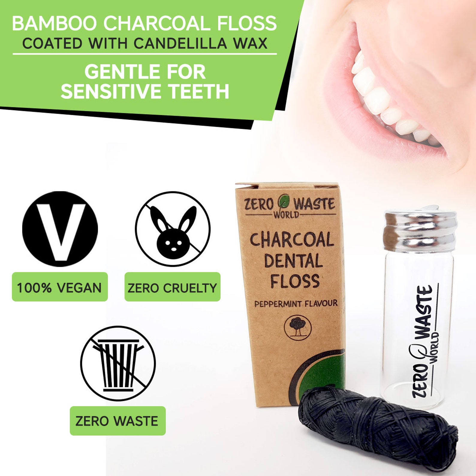 ECO FRIENDLY Bamboo Dental Floss, 90m Eco Floss in a Glass Bottle, Mint