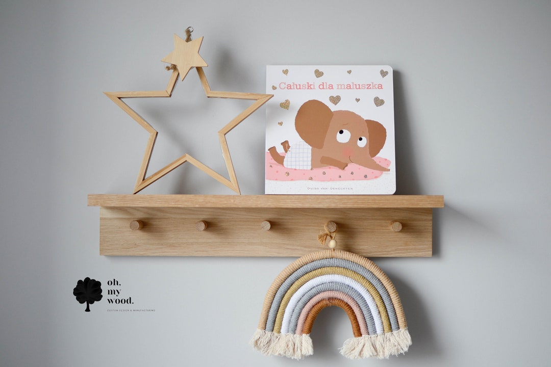 Wooden Coat Rack With Shelf, Kids Room Decor, Peg Rail With Shelf, Oak Coat Rack, Nursery Shelf