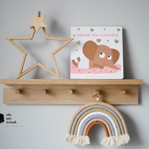 Rustic Oak Peg Rail Coat Rack with Shelf for Kids Room, Nursery, or Entryway Organization