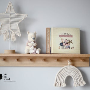 Wooden coat rack with shelf, Peg shelf, Nursery shelf, Display shelf, Oak coat rack, Kids room shelf, Kids room decor
