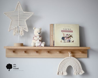 Houten kapstok met plank, Peg-plank, kinderkamerplank, displayplank, eiken kapstok, kinderkamerplank, kinderkamerdecor