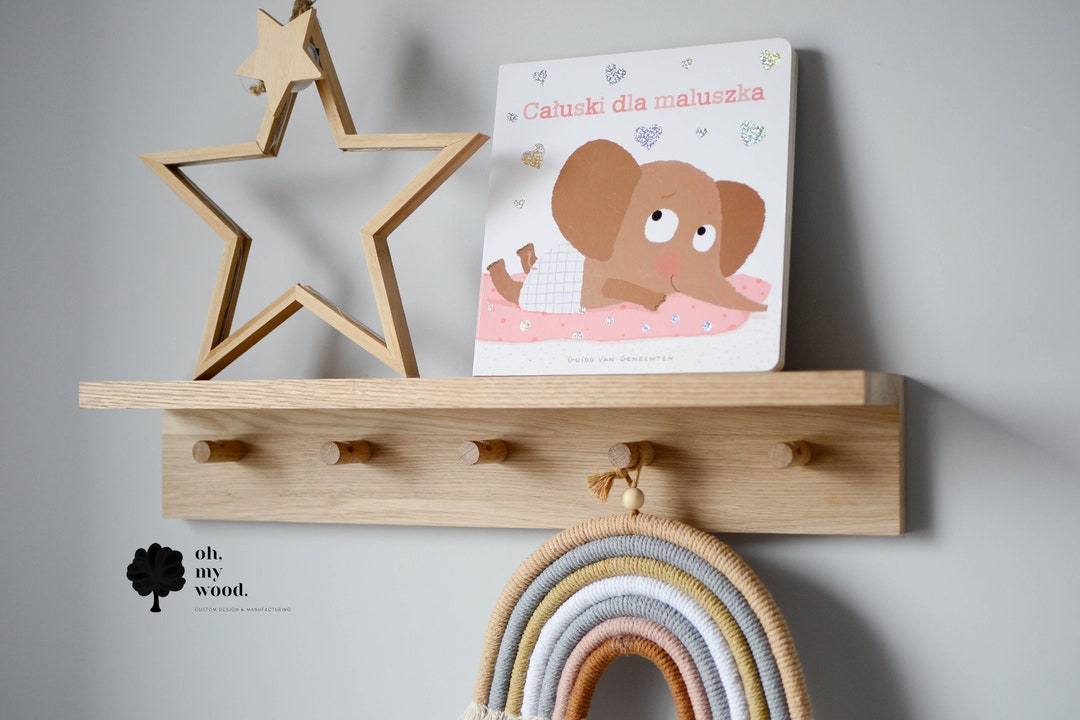 Wooden Coat Rack With Shelf, Kids Room Decor, Peg Rail With Shelf, Oak