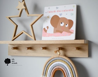 Houten kapstok met plank, Kinderkamer decor, Peg rail met plank, Eiken kapstok, Kwekerij plank, Kinderkamer plank, Kinder decor