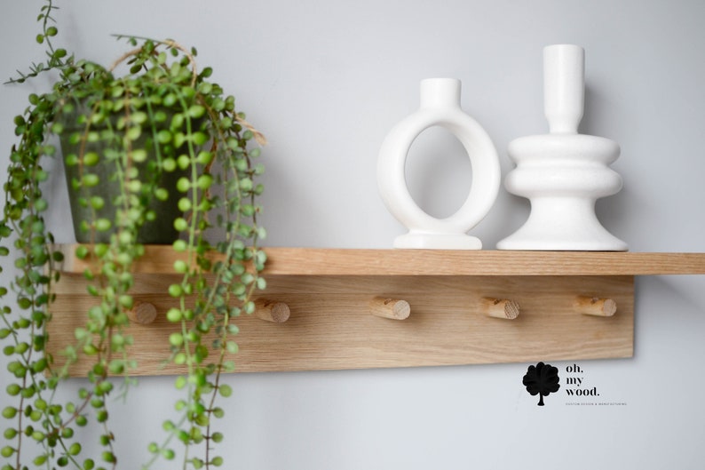 Wooden coat rack with shelf, Hallway shelf, Wooden peg rack, Peg rail with shelf,Entrywah shelf, Shelf with hooks, Coat rack with shelf image 3