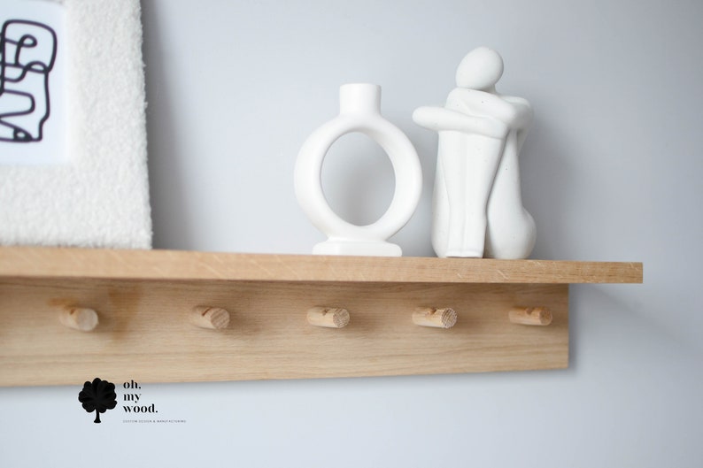 Wooden coat rack with shelf, Hallway shelf, Wooden peg rack, Peg rail with shelf,Entrywah shelf, Shelf with hooks, Coat rack with shelf image 6