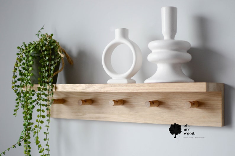 Wooden coat rack with shelf, Hallway shelf, Wooden peg rack, Peg rail with shelf,Entrywah shelf, Shelf with hooks, Coat rack with shelf image 2