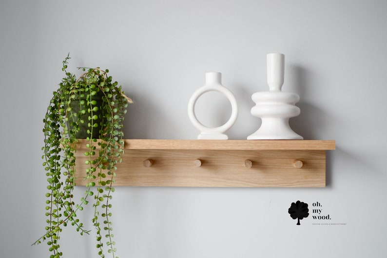 Wooden coat rack with shelf, Hallway shelf, Wooden peg rack, Peg rail with shelf,Entrywah shelf, Shelf with hooks, Coat rack with shelf image 1