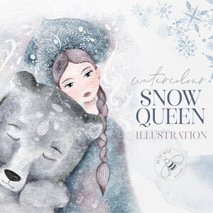Aquarelle Reine des Neiges Illustration Polar Bear Christmas Card Haute Résolution JPEG PNG Aquarelle Graphiques de Noël Modèle sans couture