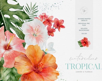 May include: Watercolor illustrations of tropical leaves and flowers, including hibiscus, plumeria, and monstera leaves. The illustrations are hand-painted and have a soft, watercolor effect.