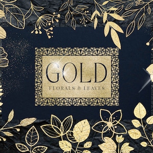 Goudfolie getextureerde bladeren bloemen, folie bladeren, folie clipart, logo elementen, digitale folie clip art, gouden bladeren bloemen, metallic gouden