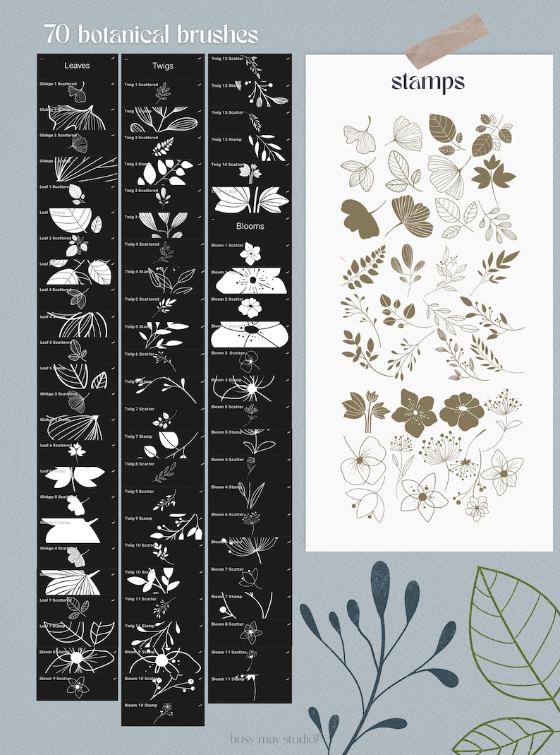 Botanical Flowers Leaves Procreate Stamp Brushes | Procreate Floral ...
