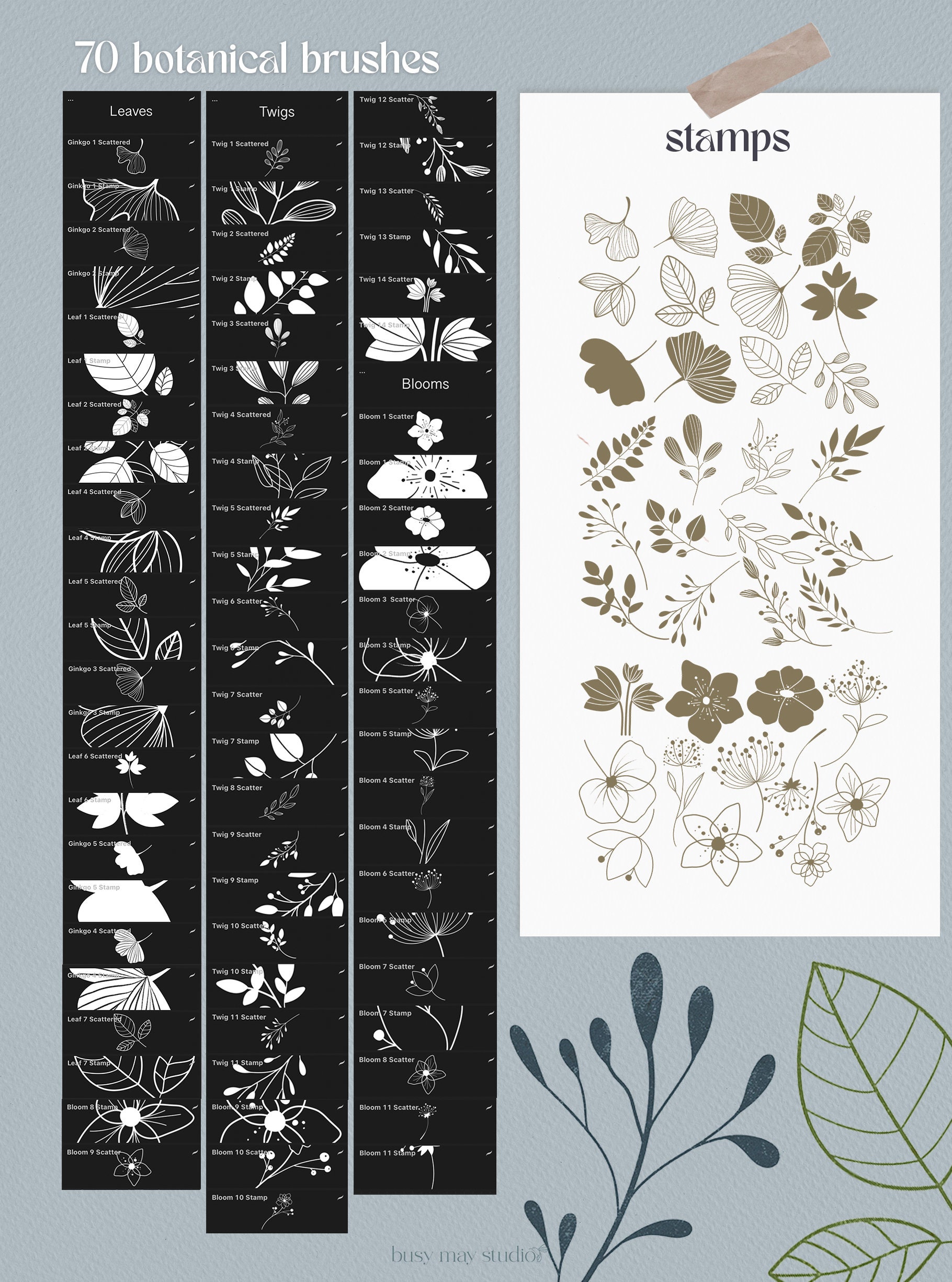 Botanical Flowers Leaves Procreate Stamp Brushes | Procreate Floral ...