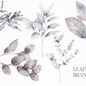 Puede incluir: Cinco ilustraciones de acuarela de ramas frondosas en tonos grises y marrones. Las ramas est&aacute;n dispuestas en una fila vertical, con el texto "LEAFY BRANCHES" en la parte inferior.