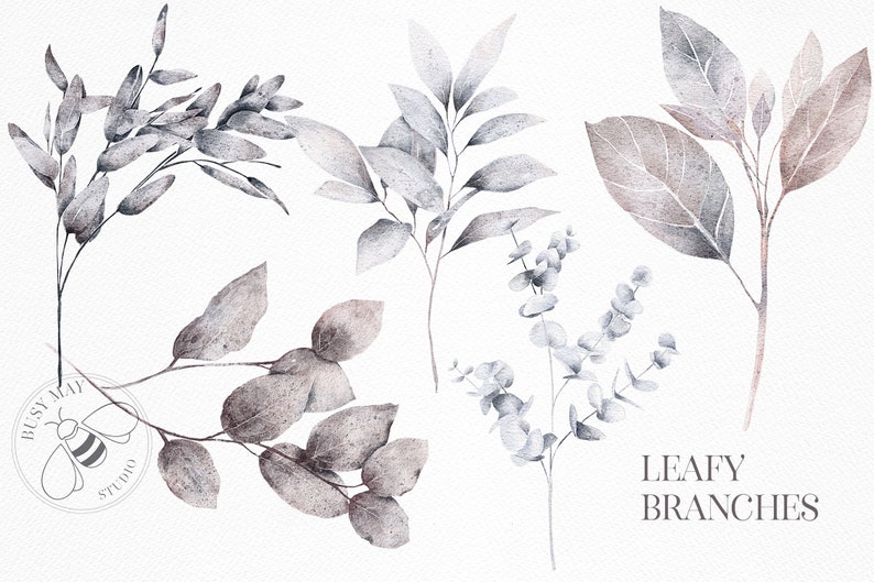 Puede incluir: Cinco ilustraciones de acuarela de ramas frondosas en tonos grises y marrones. Las ramas est&aacute;n dispuestas en una fila vertical, con el texto "LEAFY BRANCHES" en la parte inferior.