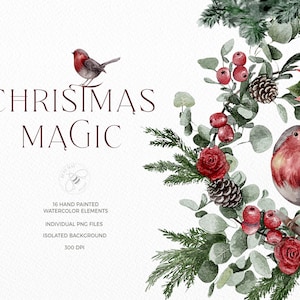 Clip art mágico de Natal, clipart em aquarela, Natal tradicional Design festivo clássico Robin Nutcracker Fireplace Vintage Wreath