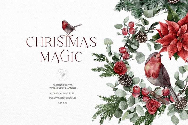 Puede incluir: Ilustraci&oacute;n de acuarela de una corona de Navidad con bayas rojas, ramas de pino, hojas de eucalipto, rosas rojas, pi&ntilde;as y dos petirrojos. El texto "Christmas Magic" est&aacute; escrito en rojo en la parte superior de la imagen.