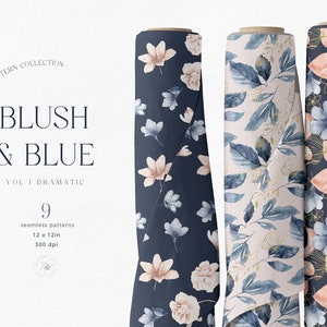Op de afbeelding: Negen aquarelbloemmotieven in roze en blauwe tinten. De patronen bevatten bladeren, bloemen en gouden accenten. De patronen zijn 30,5 cm bij 30,5 cm en 300 dpi.