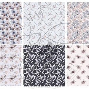 May include: Six different floral patterns in shades of blue, gray, and pink. The patterns feature roses, leaves, and branches.