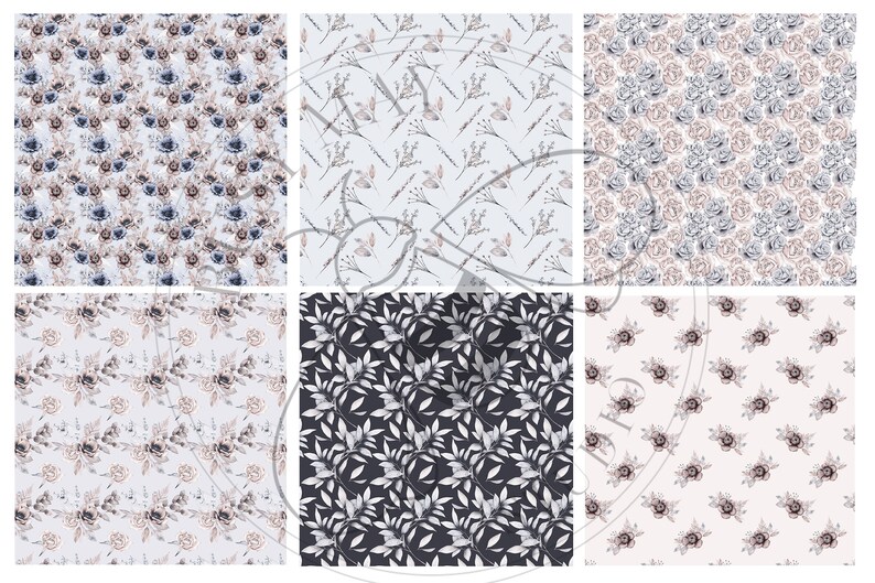 May include: Six different floral patterns in shades of blue, gray, and pink. The patterns feature roses, leaves, and branches.