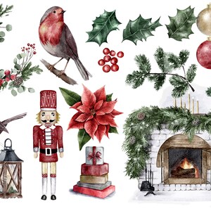 Puede incluir: Ilustraci&oacute;n de acuarela de elementos navide&ntilde;os, incluyendo un cascanueces, una flor de pascua, una chimenea, un petirrojo, una corona, acebo y regalos. La ilustraci&oacute;n es de estilo vintage y presenta una variedad de colores, incluyendo rojo, verde y dorado.