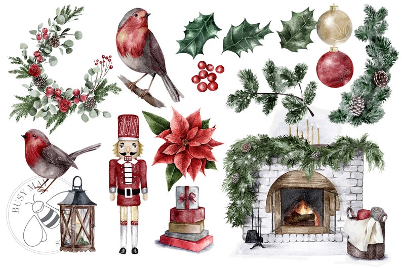 Puede incluir: Ilustraci&oacute;n de acuarela de elementos navide&ntilde;os, incluyendo un cascanueces, una flor de pascua, una chimenea, un petirrojo, una corona, acebo y regalos. La ilustraci&oacute;n es de estilo vintage y presenta una variedad de colores, incluyendo rojo, verde y dorado.