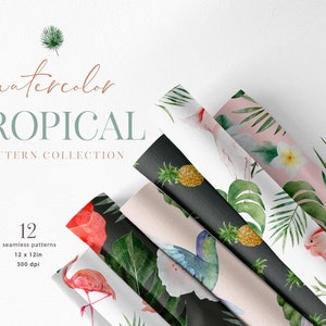 Tropische digitale Papier Pack | Aquarell und Tinte von Hand bemalt Drucke | Digitale Hintergründe | Scrapbooking | Stoff Textil nahtloses Muster