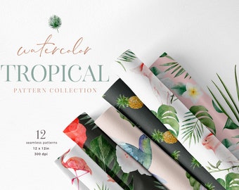 Tropische digitale Papier Pack | Aquarell und Tinte von Hand bemalt Drucke | Digitale Hintergründe | Scrapbooking | Stoff Textil nahtloses Muster