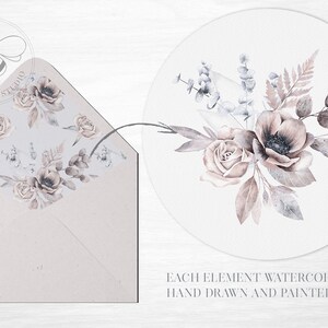 May include: A watercolor illustration of a floral bouquet with roses, anemones, and eucalyptus leaves in shades of pink, gray, and white. The illustration is on a white background and is perfect for wedding invitations, stationery, or other creative projects.