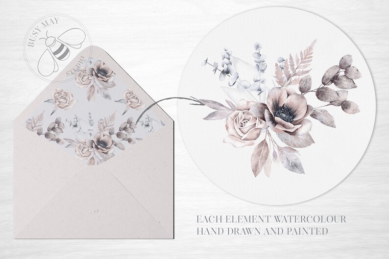 May include: A watercolor illustration of a floral bouquet with roses, anemones, and eucalyptus leaves in shades of pink, gray, and white. The illustration is on a white background and is perfect for wedding invitations, stationery, or other creative projects.