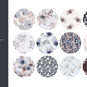 May include: Twelve unique floral patterns in a watercolor style. The patterns feature roses, leaves, and other botanical elements in shades of blue, gray, and pink. Each pattern is 12 inches by 12 inches and 300 dpi.