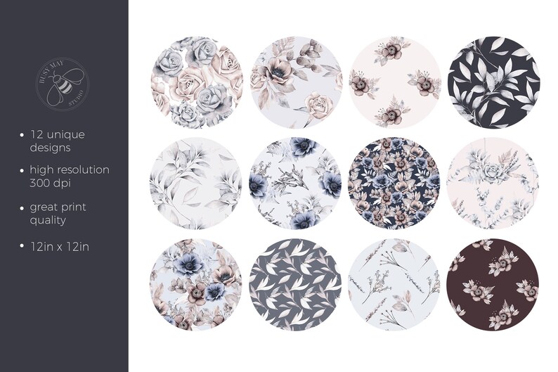 May include: Twelve unique floral patterns in a watercolor style. The patterns feature roses, leaves, and other botanical elements in shades of blue, gray, and pink. Each pattern is 12 inches by 12 inches and 300 dpi.