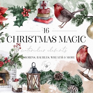 Puede incluir: Un conjunto de 16 ilustraciones navide&ntilde;as de acuarela con petirrojos, adornos, coronas, un cascanueces, una chimenea y una linterna. Las ilustraciones est&aacute;n en un esquema de color rojo, verde y dorado festivo.
